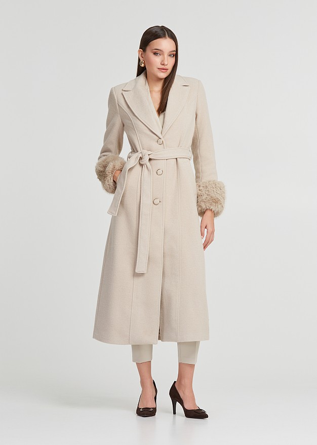 Longline wool coat with faux fur