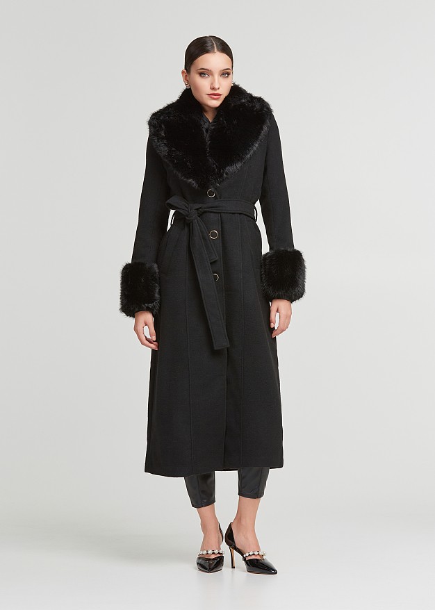 Longline wool coat with faux fur