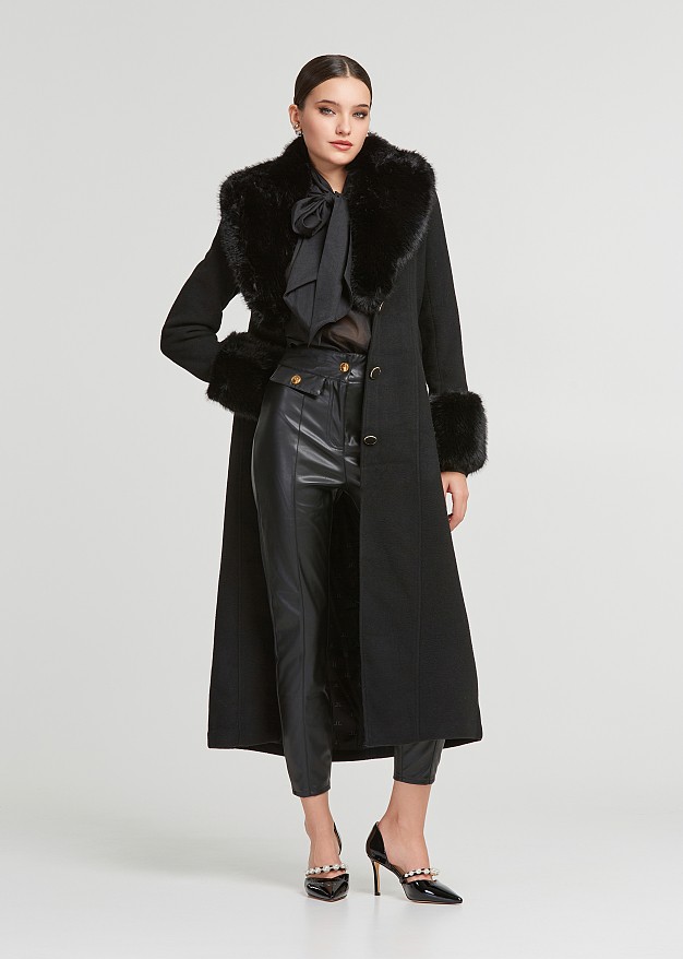 Longline wool coat with faux fur