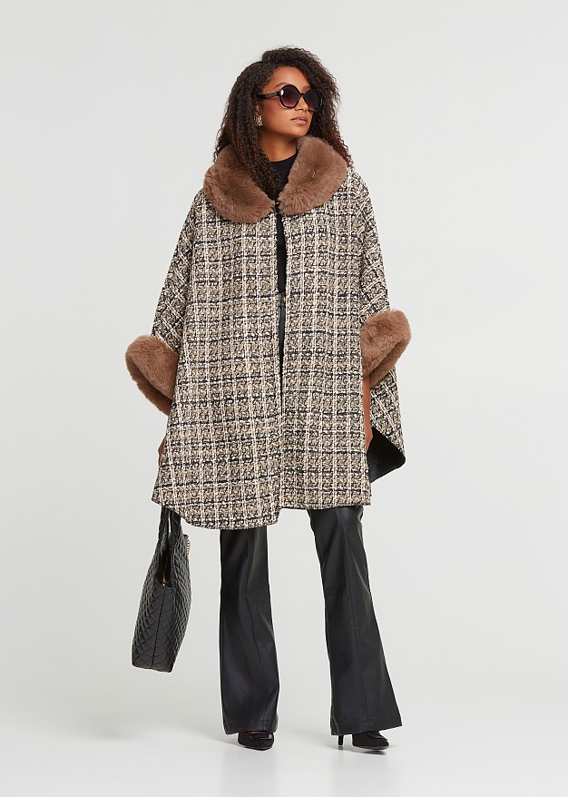 Boucle sequined cape with faux fur