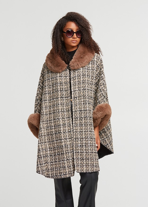 Boucle sequined cape with faux fur