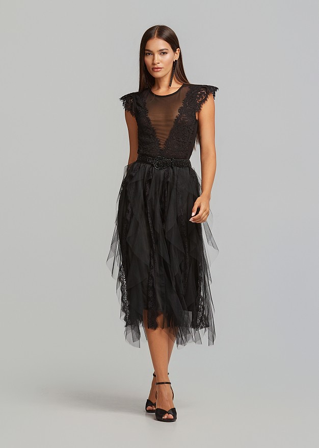 Midi tulle full lace frilled skirt | LYNNE