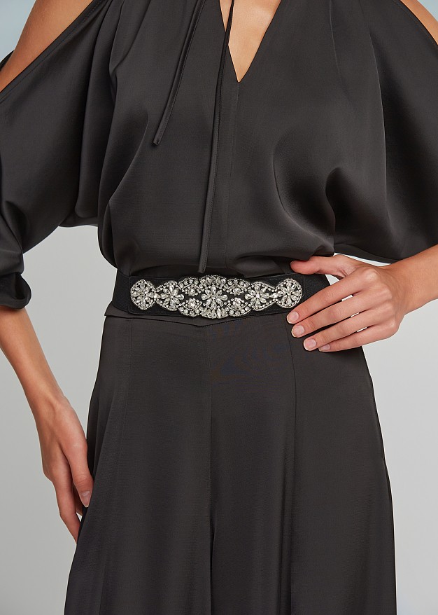 Crystaled wide belt in black