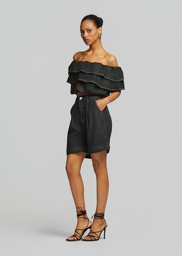 Stretch denim off-shoulder top