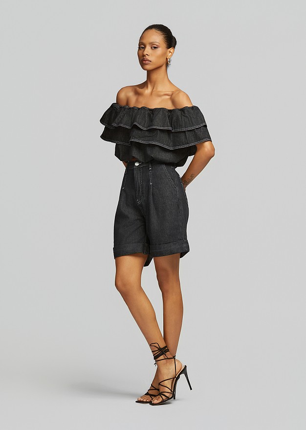 Stretch denim off-shoulder top