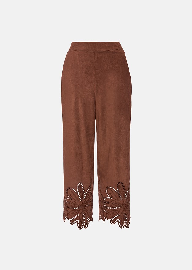 Soft suede-look finish pants and laser-cut accents