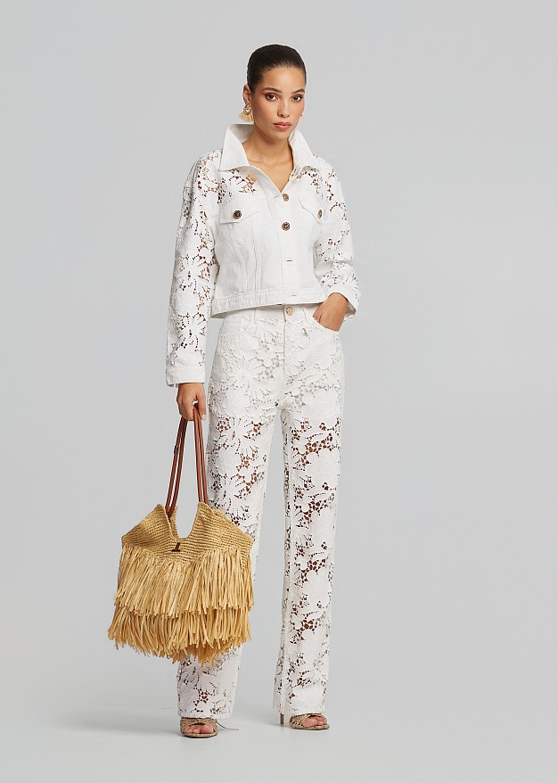 Denim pants in embossed lace