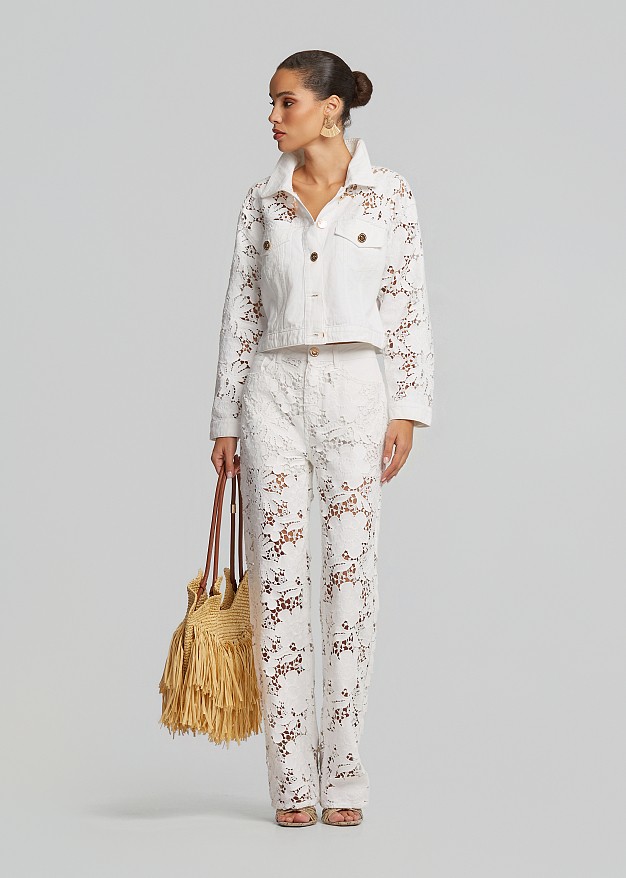 Denim pants in embossed lace