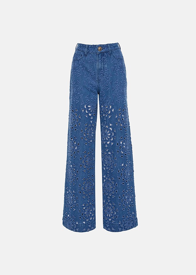 High-waist denim pants in broderie lace