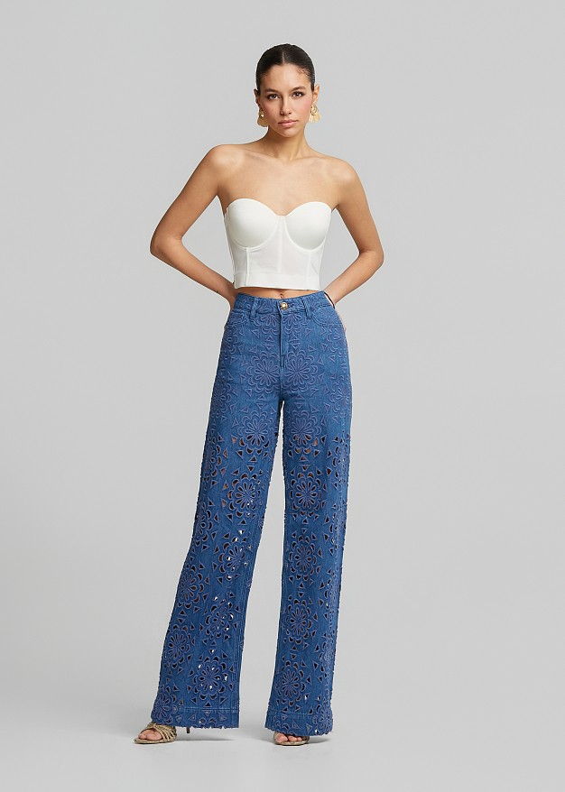 High-waist denim pants in broderie lace