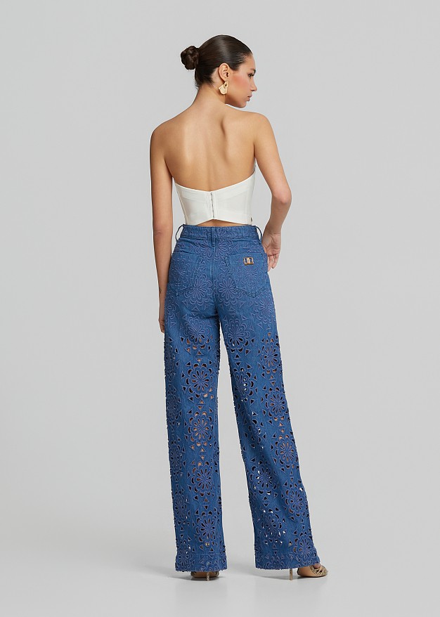 High-waist denim pants in broderie lace