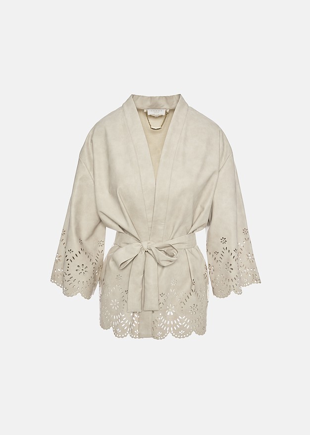 Leather-look cardigan with laser-cut detailing