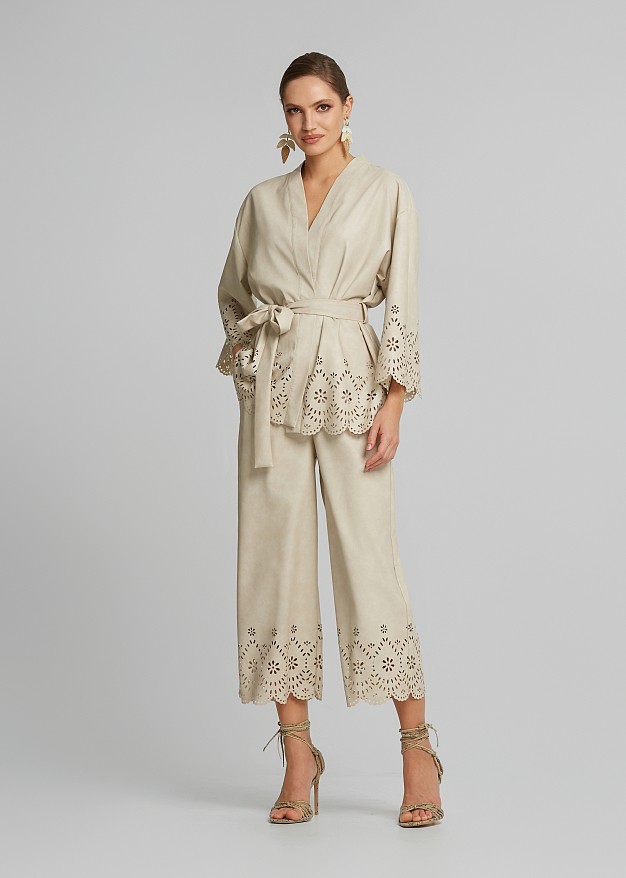 Leather-look cardigan with laser-cut detailing