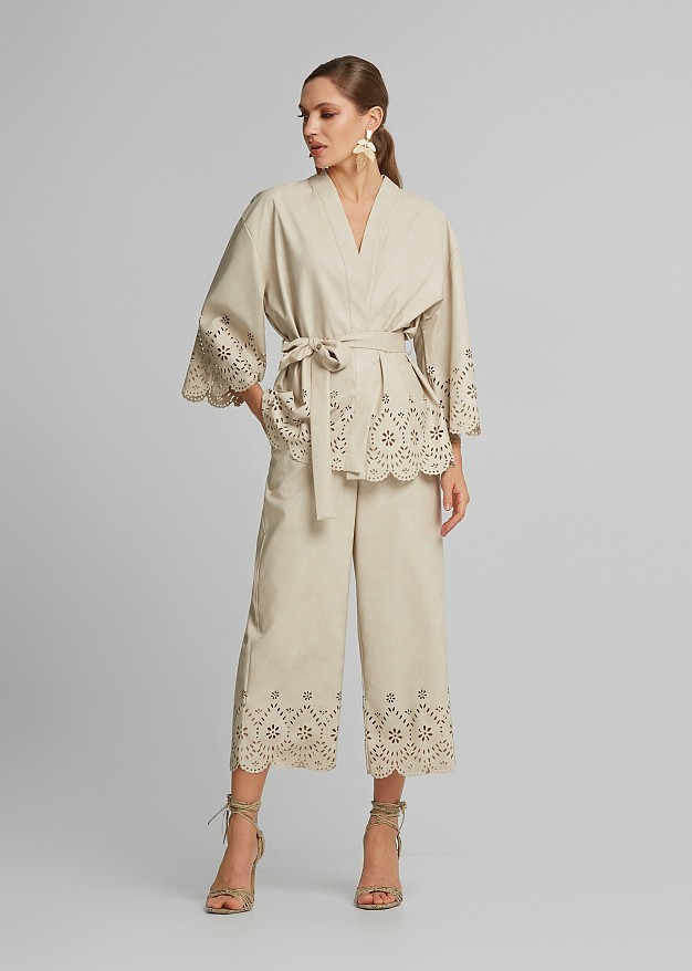Leather-look cardigan with laser-cut detailing