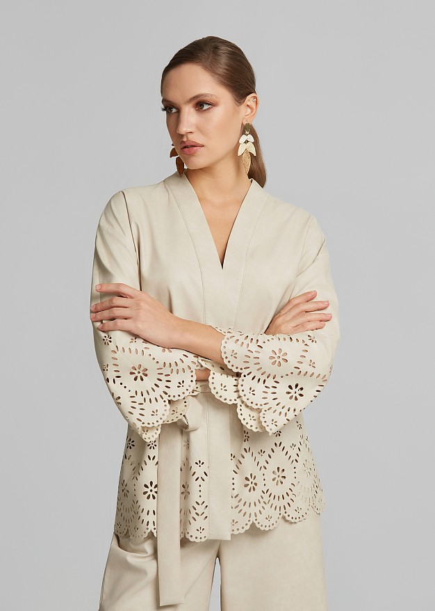 Leather-look cardigan with laser-cut detailing