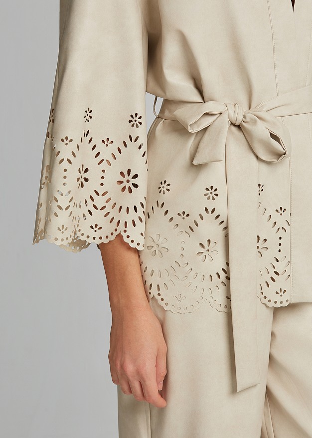 Leather-look cardigan with laser-cut detailing