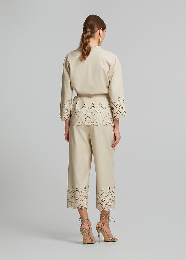 Leather-look cardigan with laser-cut detailing