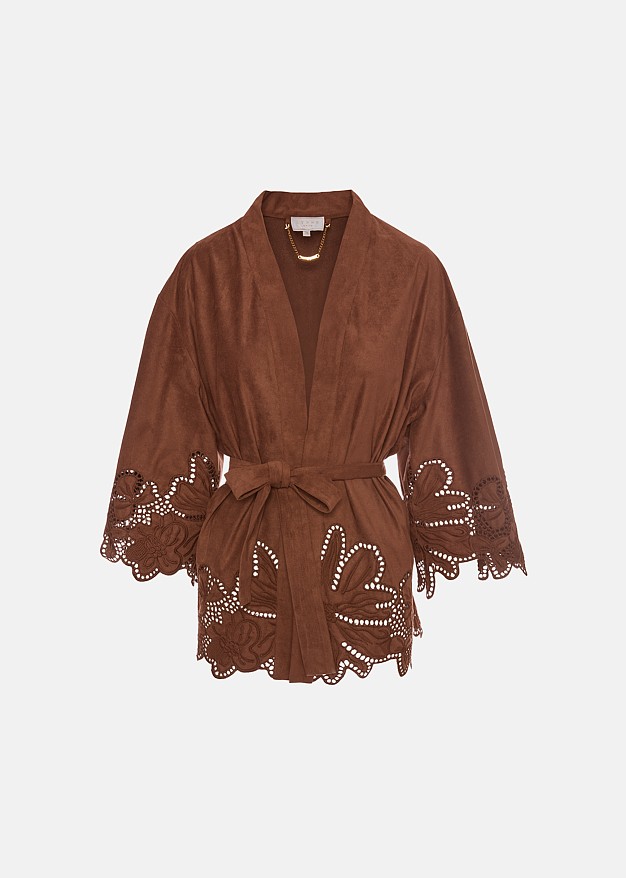 Suede-look cardigan with laser-cut