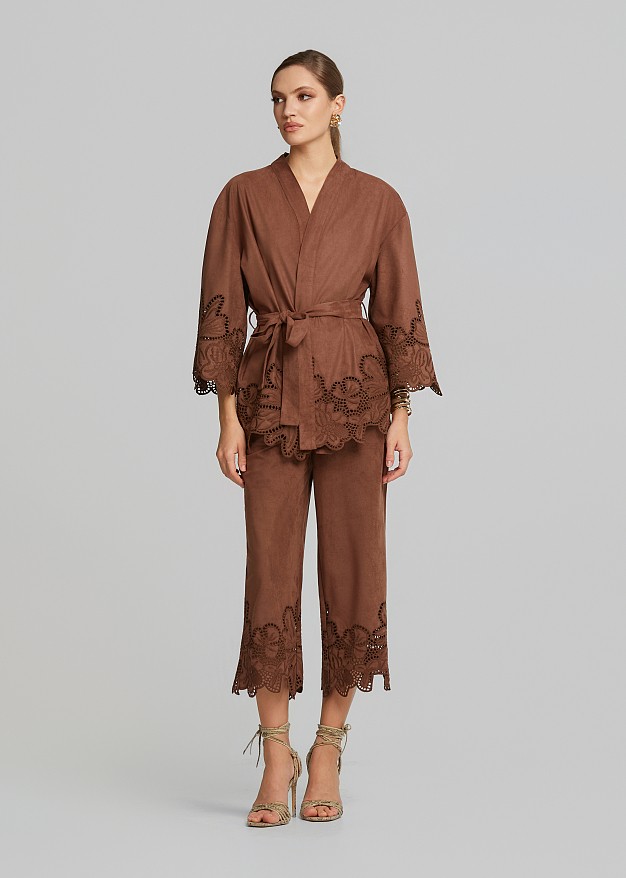 Suede-look cardigan with laser-cut