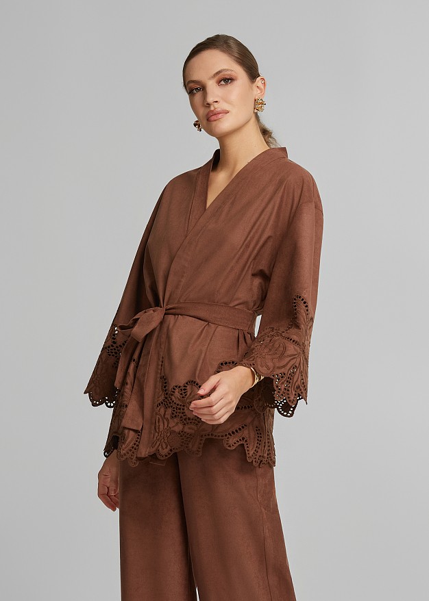 Suede-look cardigan with laser-cut