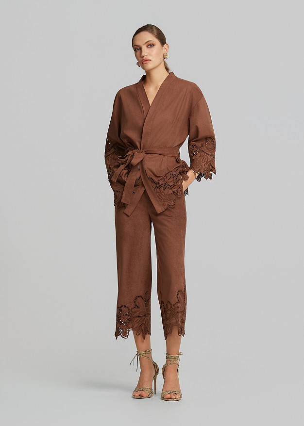 Suede-look cardigan with laser-cut