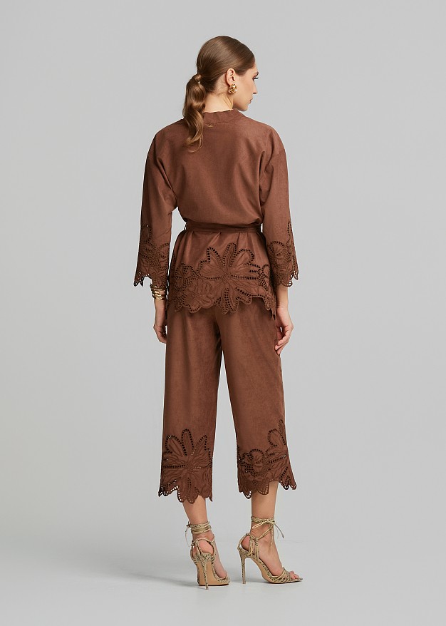 Suede-look cardigan with laser-cut