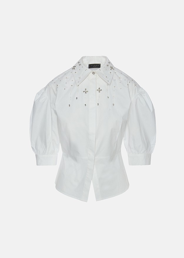 Fitted shirt with 3/4 sleeves and decorative crystals