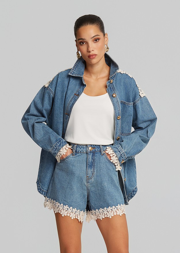 Oversized denim shirt in lace