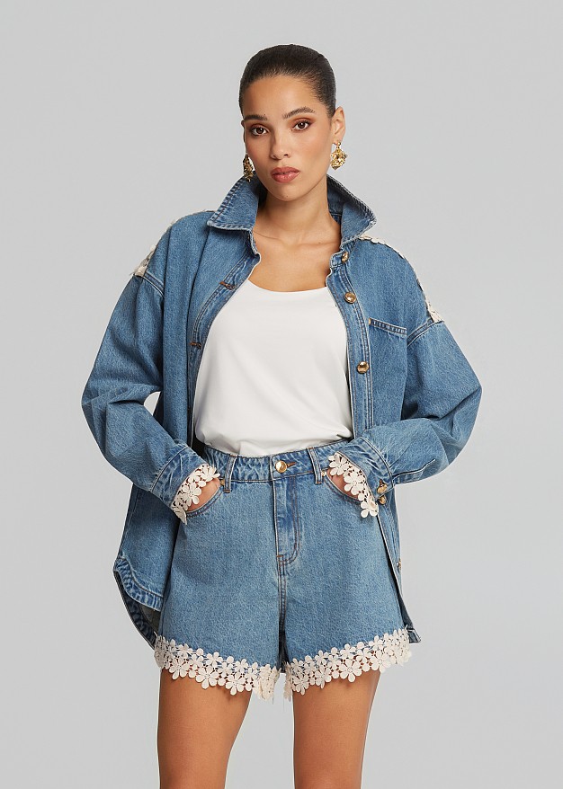 Oversized denim shirt in lace