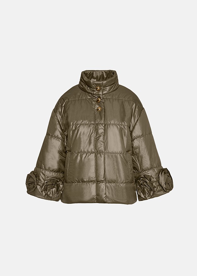 Cape line puffer in floral appliqué details