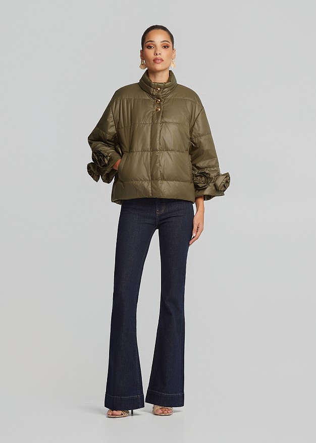 Cape line puffer in floral appliqué details