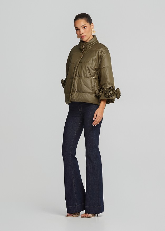 Cape line puffer in floral appliqué details