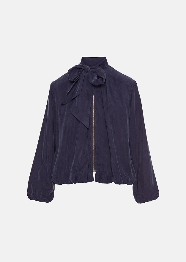 Jacket with neck tie from vegan silk fabric