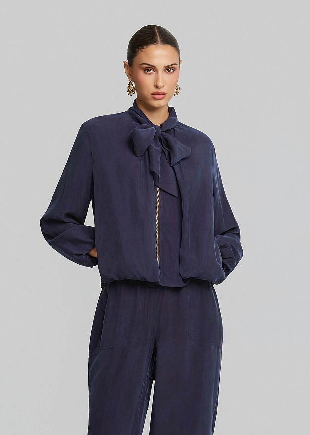 Jacket with neck tie from vegan silk fabric