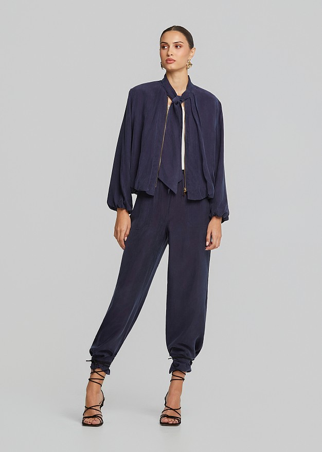Jacket with neck tie from vegan silk fabric