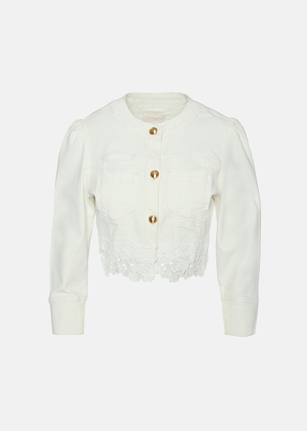 White denim cropped jacket with lace detailing