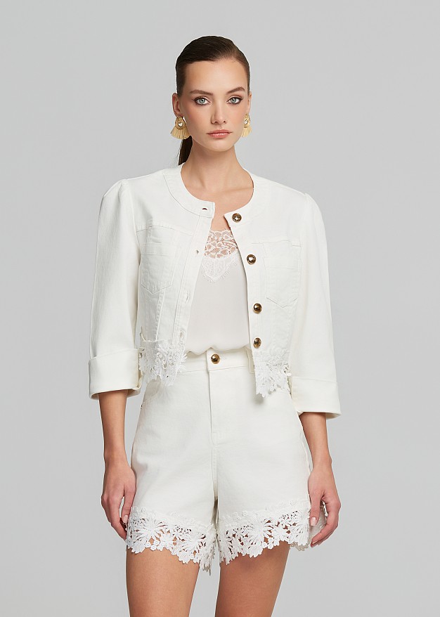 White denim cropped jacket with lace detailing