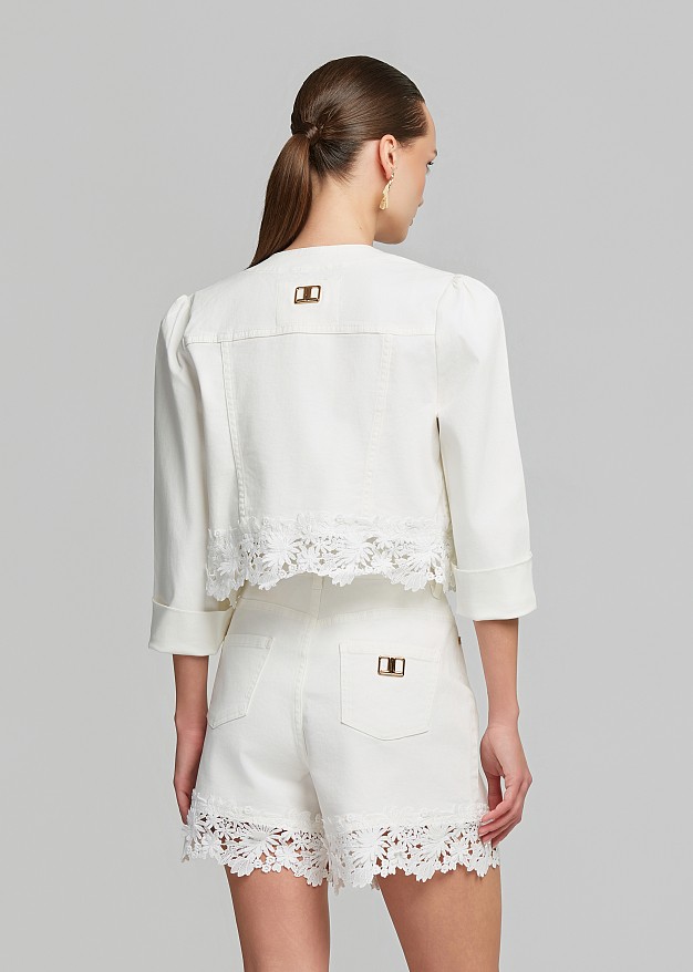 White denim cropped jacket with lace detailing