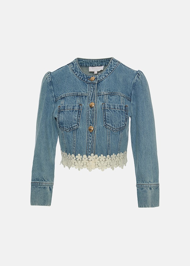 Cropped denim jacket with decorative lace trim