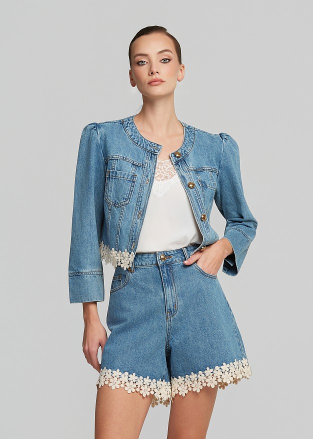 Cropped denim jacket with decorative lace trim