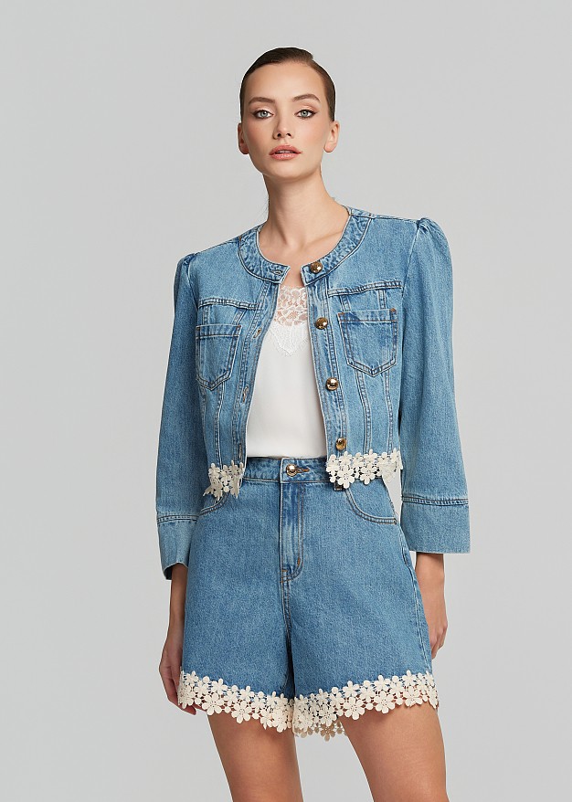 Cropped denim jacket with decorative lace trim