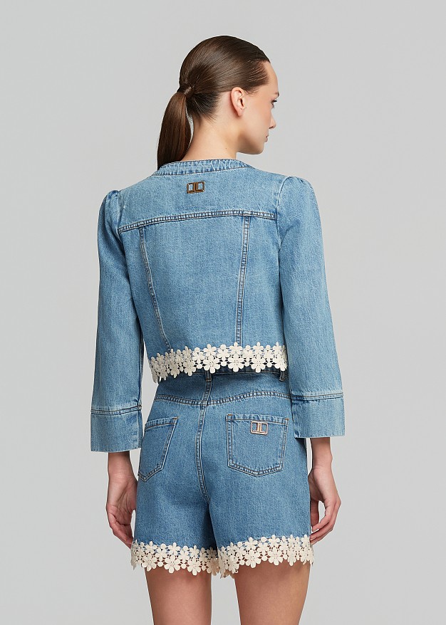 Cropped denim jacket with decorative lace trim