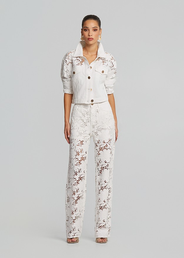 Denim jacket in embossed lace