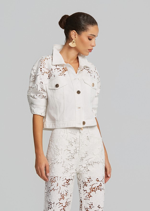 Denim jacket in embossed lace