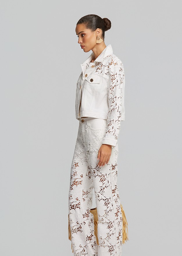 Denim jacket in embossed lace