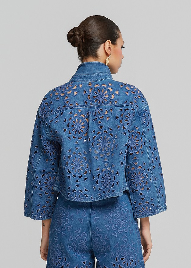Denim jacket in all over broderie lace