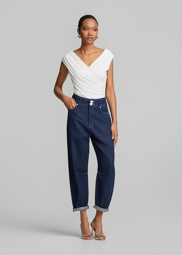 Sleeveless cowl neck top with ruching