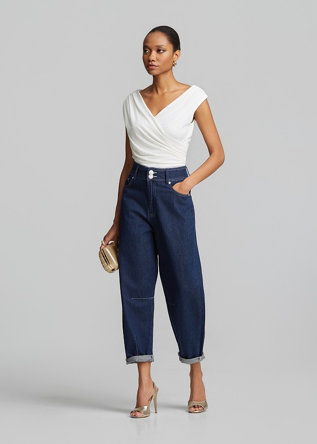 Sleeveless cowl neck top with ruching