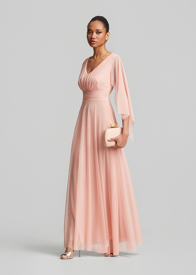 Maxi tulle dress with cape sleeves