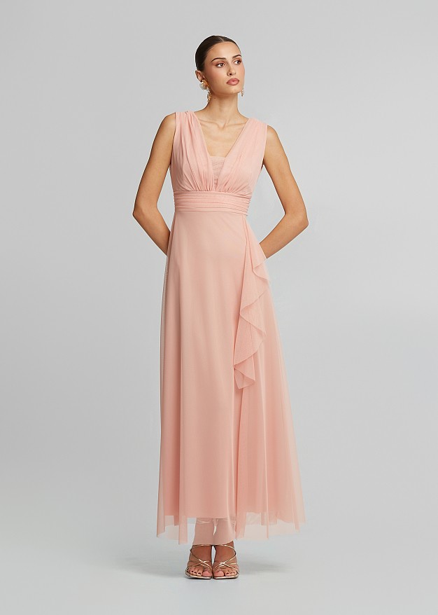 Maxi tulle dress with V-neckline